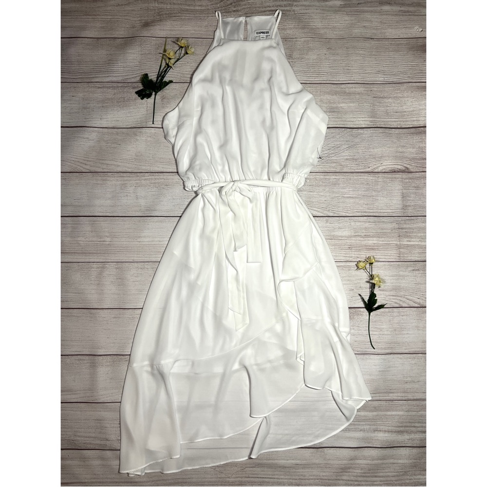 EXPRESS Asymmetrical Ruffle Wrap Midi Dress - Picture 15 of 16